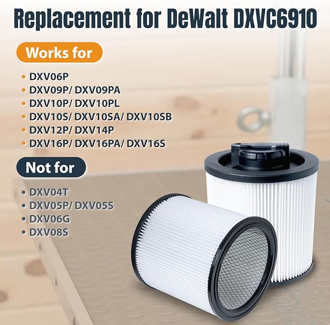 POWERTEC DXVC6910 Cartridge Filter for DeWalt 6-16 Gal. Wet/Dry Vacuums, Shop Vac Filters for DXV09PA, DXV10S-QT, DXV09P-QTA, DXV06P-QT, DXV10P-QT Shop Vacuum, 2 Pack (75120-P2)