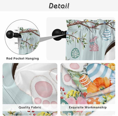 Easter Bunny Kitchen Curtains 54 Inch Long 2 Panel Set,Rod Pocket Window Curtains Panels,Easter Eggs Spring Farmhouse Wood Grain Teal Blue Light Filtering Privacy Draperies for Bedroom 42"W x 54"L