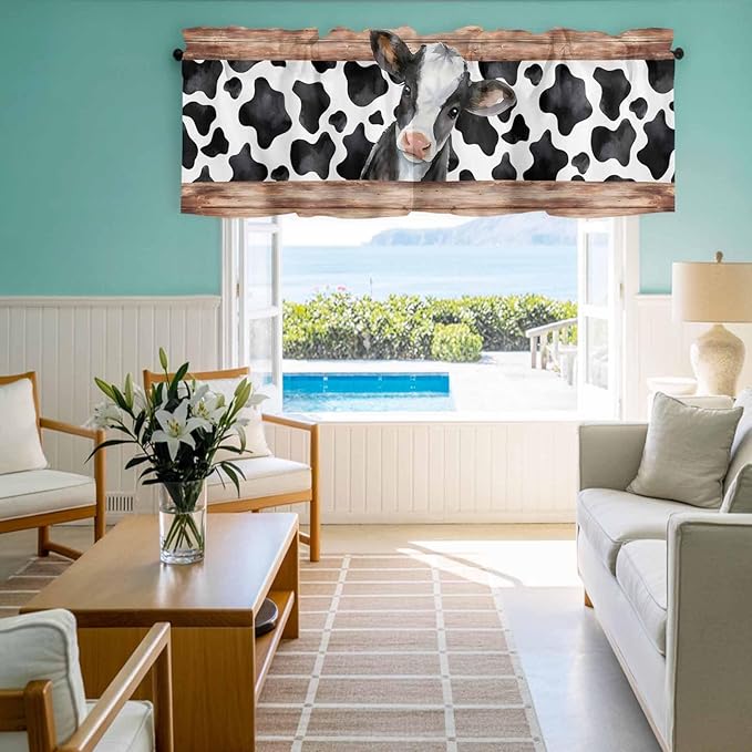 Cow Printed Curtain Valances for Windows, Kitchen Valance Window Treatment, Farmhouse Watercolor Country Wooden Grain Light Filtering Block Curtains for Bathroom/Bedroom/Living Room 54'' x 18''