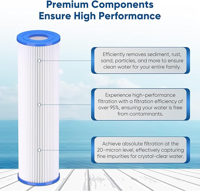 PUREPLUS 20 Micron 10"x2.5" Whole House Pleated Sediment Filter for Well Water, Replacement Cartridge for Universal 10 inch RO System, W50PE, WFPFC3002, SPC-25-1050, FM-50-975, 801-50, WB-50W, 6Pack