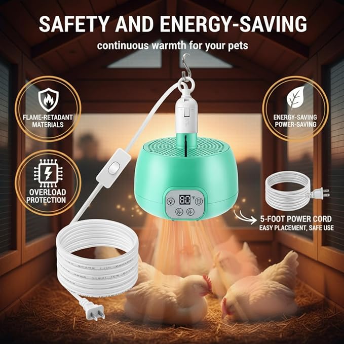 Enhon 1 Set Chicken Coop Heater, Timing Heat Lamp for Chickens, Smart Temperature Control Chicken Brooder Heater Greenhouse Warmer, 5 Ft Ultra Long Cable Reptile Heating Lamp for Chicks Duck Dog Cat