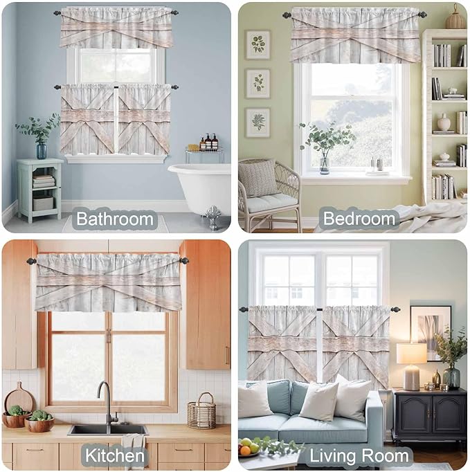 Kitchen Window Curtains Valance and Tier Set, Farmhouse Retro Wooden Barn Rod Pocket Tier Curtain Valance Set, Vintage Village Wood Grain Light Filtering Cafe Curtains for Bedroom Living Room