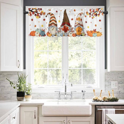 Fall Kitchen Curtain Set, Orange Yellow Thanksgiving Maple Leaf Gnomes Pumpkin Window Valance and Tiers 24" Length, Light Filtering Short Curtains Valance for Cafe Bathroom Bedroom 54"x18"