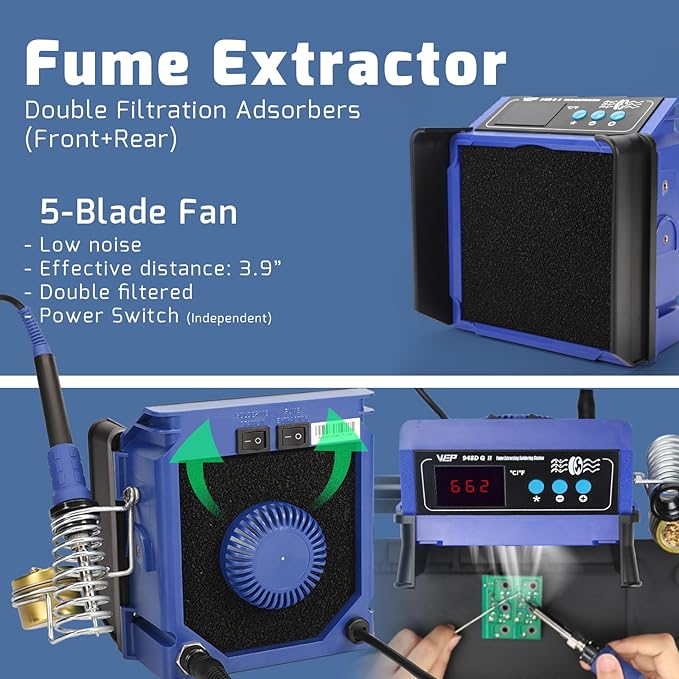 WEP 948DQ-II Double Filter Fume Extractor Soldering Iron Station 2-in-1 Solder Smoke Absorber, Soldering Fan with PID Control,℉/℃, Sleep Mode, Tip Cleaner, 3 Soldering Tips, 35g Solder