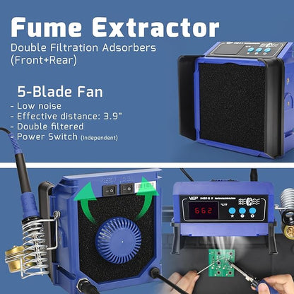 WEP 948DQ-II Double Filter Fume Extractor Soldering Iron Station 2-in-1 Solder Smoke Absorber, Soldering Fan with PID Control,℉/℃, Sleep Mode, Tip Cleaner, 3 Soldering Tips, 35g Solder