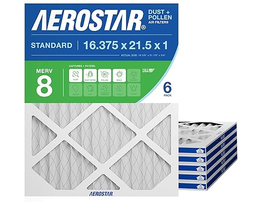 Aerostar 16.375x21.5x1 MERV 8 Air Filter, 6 Count, ACTUAL SIZE (16.50 x 21.50 x 0.75), HVAC, Air Conditioning & Furnace Filter Captures Dust, Lint & Pollen (MPR 600 / FPR 5), Made in USA