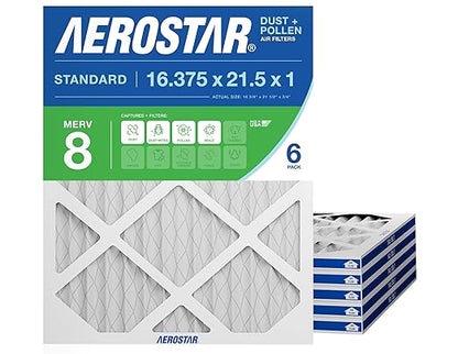 Aerostar 16.375x21.5x1 MERV 8 Air Filter, 6 Count, ACTUAL SIZE (16.50 x 21.50 x 0.75), HVAC, Air Conditioning & Furnace Filter Captures Dust, Lint & Pollen (MPR 600 / FPR 5), Made in USA
