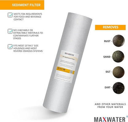 Max Water 10 Micron 20 x 4.5 Sediment Filter 20 inch Whole House BB Water Filteration System Replacement Compatible Cartridge DGD-5005-20, FP25B, AP810-6, FPMB5-20, P5-20, 155358-43, SDC-45-2005