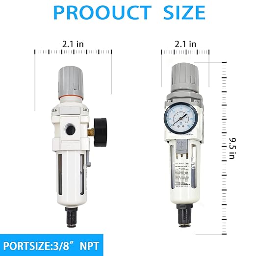 XingNEeng 3/8" NPT Compressed Air Filter Regulator Combo Piggyback, Water/Oil Trap Separator with Pressure Gauge(0-150 psi), Auto Drain, Poly Bowl, 5 Micron Brass Element, Metal Bracket