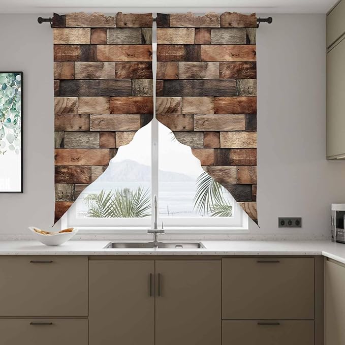Western Barn Door Swag Valances for Windows, Vintage Farmhouses Wooden Door Brown Rod Pocket Kitchen Curtains Valance, Kitchen Window Curtains Swag for Cafe Bathroom Living Room, 2 Panels, 36x63 inch