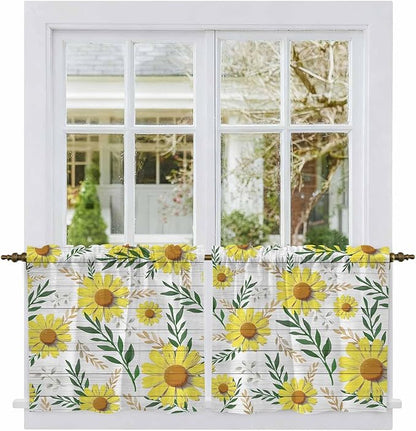 Yellow Daisy Tier Curtains, Farmhouse Country Flower Leaf Plant Wood Grain Light Filtering Kitchen Curtains, 2Pcs Rod Pocket Half Window Treatments Panels for Sink Cafe Cabinet Camper 27.5x36 Inches