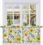Yellow Daisy Tier Curtains, Farmhouse Country Flower Leaf Plant Wood Grain Light Filtering Kitchen Curtains, 2Pcs Rod Pocket Half Window Treatments Panels for Sink Cafe Cabinet Camper 27.5x36 Inches