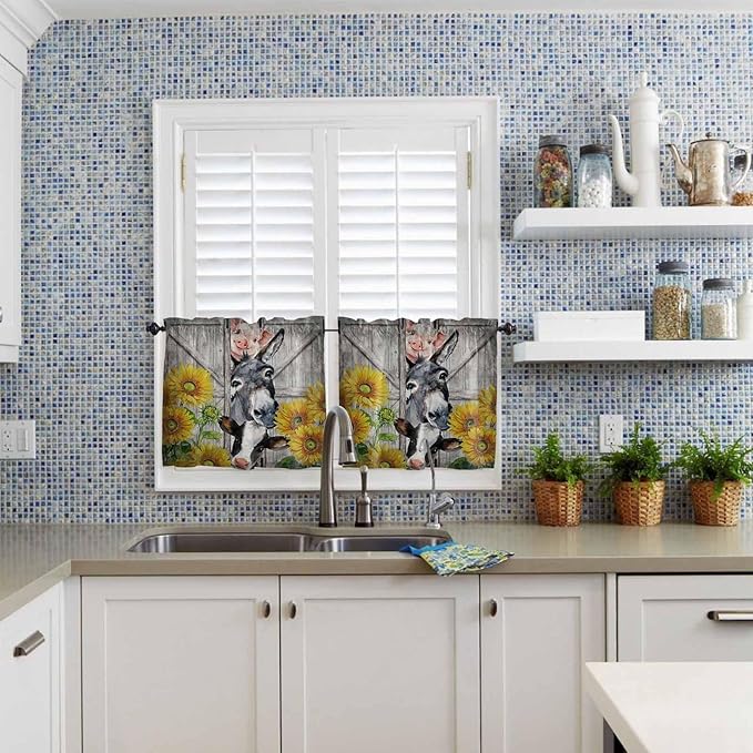 Farmhouse Half Window Curtain 36 Inches Long, Vintage Sunflowers Animals Printed Wood Grain Window Treatment Curtain Drapes, Small Tier Curtains for Bathroom Over Sink, 27.5"x36", 2 Panels