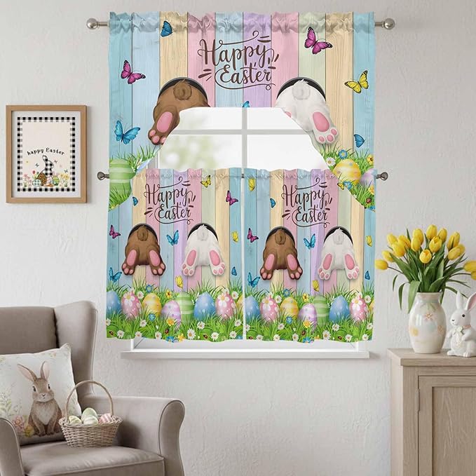 Swag Valance Curtains, Happy Easter Rabbit Butt Egg on Daisy Leaf Rod Pocket Valances Swag Topper for Kitchen Windows, Bufferfly on Wood Barn Light Filtering Short Curtain for Bedroom Bathroom 56x36In