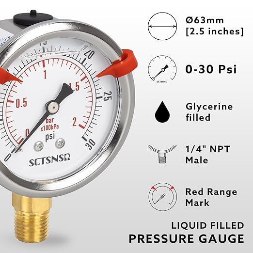 0 to 30 Psi Pressure Gauge, Glycerin Liquid Filled, 2.5 inch Dial, 1/4" NPT Lower Mount, Stainless Steel Case, for Water Tank, Pool Sand Filter, Coolant, CO2, Oil, Gas, Low Pressure Test