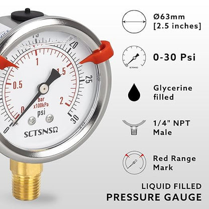 0 to 30 Psi Pressure Gauge, Glycerin Liquid Filled, 2.5 inch Dial, 1/4" NPT Lower Mount, Stainless Steel Case, for Water Tank, Pool Sand Filter, Coolant, CO2, Oil, Gas, Low Pressure Test
