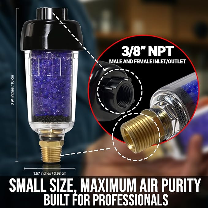 LEMATEC Compressed Air Dryer with Desiccant Filter System - Removes Oil, Water & Moisture for Pneumatic Tools, HVLP Paint Spray Guns - 150 PSI, 22 CFM Flow Rate - 3/8"