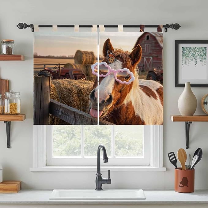 Farm Horses Bedroom Curtains 63 Inch Length, Window Curtains Tab Top, Farmhouse Barn Funny Animals Butterfly Light Filtering Window Treatments Drapes 42"x63" 2 Panel