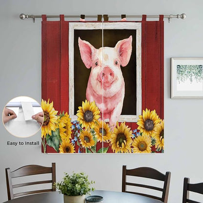 Pigs Sunflowers Living Room Curtains 84 Inch Length, Window Curtains Tab Top, Farmhouse Red Barn Flowers Animals Light Filtering Window Treatments Drapes 42"x84" 2 Panel