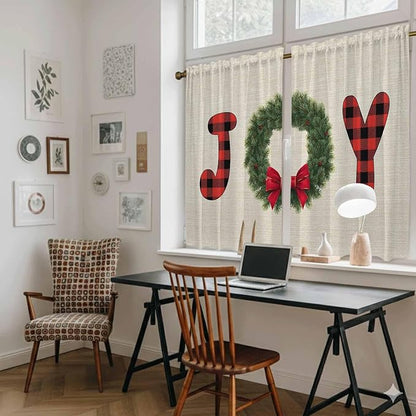 Red Green Christmas Kitchen Tier Curtains 45 Inch Long 2 Panel Set,Rod Pocket Short Window Treatment,Farmhouse Xmas Botanical Winter Curtains & Drapes for Bathroom Basement 27.5"W x 45"L