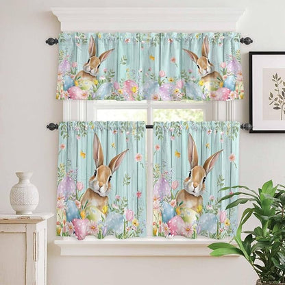 Kitchen Curtains Tiers and Valance Set of 3, Easter Light Filtering Window Curtain Set, Spring Rabbit Eggs Flowers Leaf Green Wooden Plank Rod Pocket Curtain Drapes for Living Room, 24 Inches Tiers