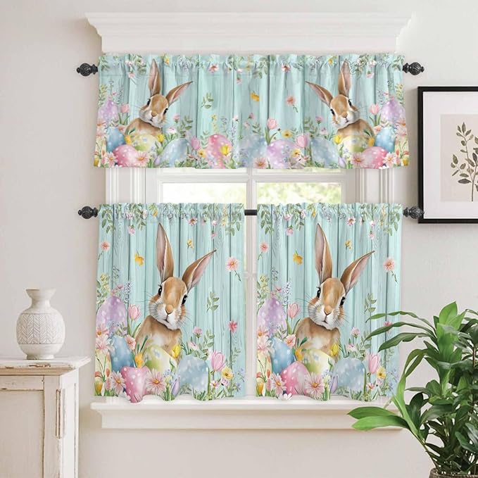 Kitchen Curtains Tiers and Valance Set of 3, Easter Light Filtering Window Curtain Set, Spring Rabbit Eggs Flowers Leaf Green Wooden Plank Rod Pocket Curtain Drapes for Living Room, 36 Inches Tiers
