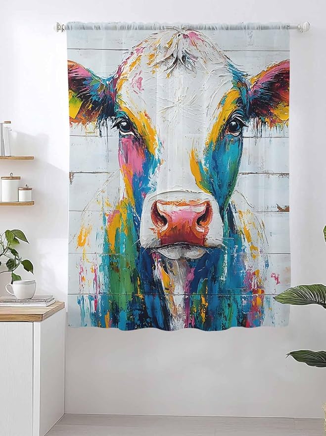 Sheer Curtains 63 Inch Length, Farmhouse Oil Painting Semi Sheer Curtains Light Filtering Window Treatment, Colorful Cow Animal Wooden Grain Privacy Voile Drapes for Living Room Bedroom 52x63 Inch