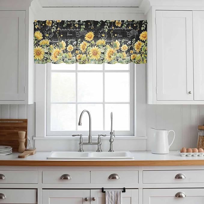 Summer Floral Sheer Valance Curtains, Watercolor Sunflower Eucalyptus Leaves Letter Print Light Filtering Kitchen Valances Rod Pocket Voile Curtain Treatment for Bedroom/Living Room/Basement 42Wx12L