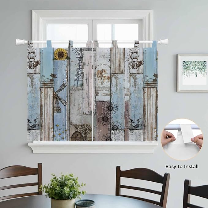 Blue Grey Wooden Bedroom Curtains 63 Inch Length, Window Curtains Tab Top, Farmhouse Barn Sunflowers Retro Light Filtering Window Treatments Drapes 42"x63" 2 Panel