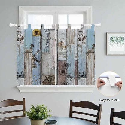 Blue Grey Wooden Bedroom Curtains 63 Inch Length, Window Curtains Tab Top, Farmhouse Barn Sunflowers Retro Light Filtering Window Treatments Drapes 42"x63" 2 Panel