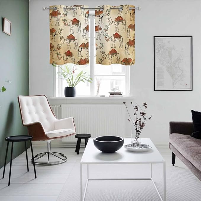 2 Panel Kitchen Cafe Curtains, Desert Sand Camel Sunlight Filtering Nature Air Through, Home Decor Window Covering Tier Curtains for Living Room 55W x 39L inch Summer Tropical Animals Vintage Beige