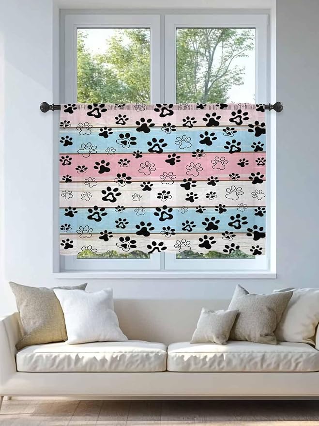 Sheer Curtains 45 Inch Length, Pink Blue Paw Print Semi Sheer Curtains Light Filtering Window Treatment, Vintage Farmhouse Wooden Grain Privacy Voile Drapes for Living Room Bedroom 52x45 Inch