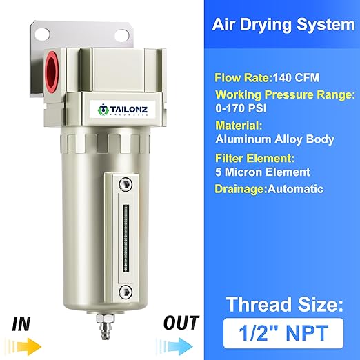 TAILONZ PNEUMATIC 1/2" NPT Industrial Grade Heavy Duty Particulate Air Filter with Metal Bowl - Paint Spray Compatible, Manual Drainage System