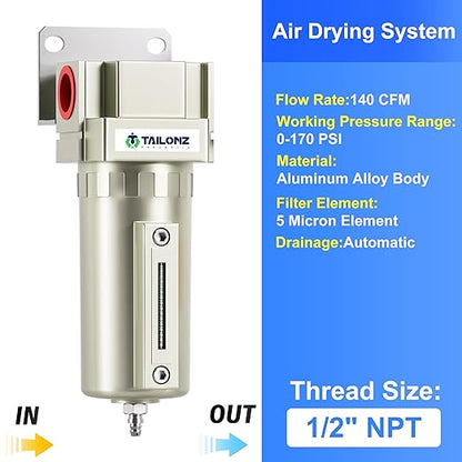 TAILONZ PNEUMATIC 1/2" NPT Industrial Grade Heavy Duty Particulate Air Filter with Metal Bowl - Paint Spray Compatible, Manual Drainage System