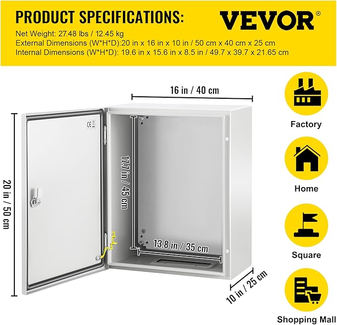VEVOR NEMA Steel Enclosure, 20 x 16 x 10'' NEMA 4X Steel Electrical Box, IP66 Waterproof & Dustproof, Outdoor/Indoor Electrical Junction Box, with Mounting Plate
