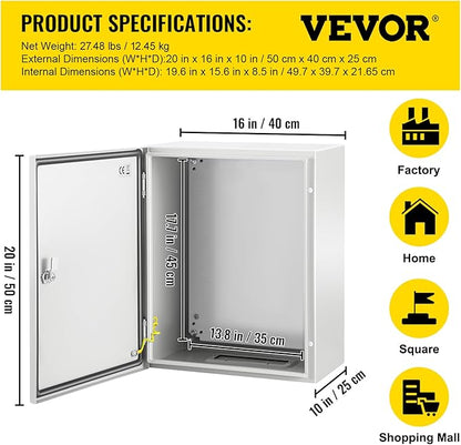 VEVOR NEMA Steel Enclosure, 20 x 16 x 10'' NEMA 4X Steel Electrical Box, IP66 Waterproof & Dustproof, Outdoor/Indoor Electrical Junction Box, with Mounting Plate