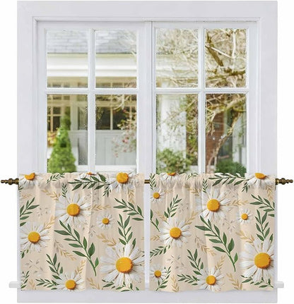 Spring Daisy Tier Curtains, Country Watercolor Flower Leaf Plant Light Filtering Kitchen Curtains, 2Pcs Rod Pocket Half Window Treatments Panels for Sink Cafe Cabinet Camper 27.5x24 Inches