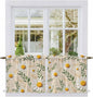 Spring Daisy Tier Curtains, Country Watercolor Flower Leaf Plant Light Filtering Kitchen Curtains, 2Pcs Rod Pocket Half Window Treatments Panels for Sink Cafe Cabinet Camper 27.5x24 Inches