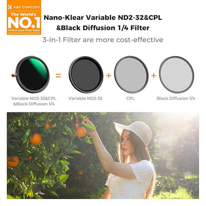 K&F CONCEPT 52mm Black Diffusion Mist Effect 1/4 & Variable ND2-32(1-5 Stops) & Circular Polarizing Filter CPL-in 1 Lens Filter with 18 Multi-Coatings for Camera Lenses (K-Series)