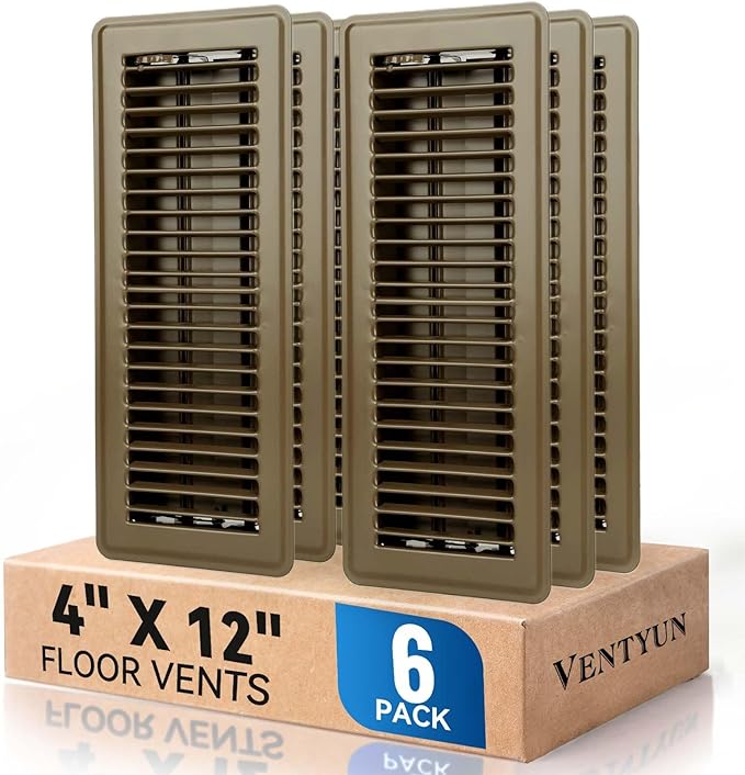 4" x 12" Floor Register Vent Covers 6-Pack, Walkable Powder-Coated Metal Vent Covers with Adjustable Airflow, Curved Safe Edges for Floor/Wall, Brown