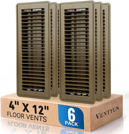 4" x 12" Floor Register Vent Covers 6-Pack, Walkable Powder-Coated Metal Vent Covers with Adjustable Airflow, Curved Safe Edges for Floor/Wall, Brown