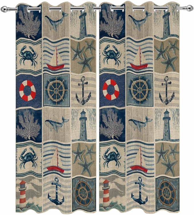 Oceans Outdoor Curtains for Patio Shell Starfish Whales Summer Vintage Waterproof Outside Curtains with Grommet Top Weatherproof Curtain for Cabana Pergola Gazebo, 2 Pack, 54" W x 95" L