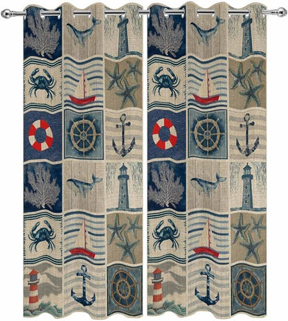 Oceans Outdoor Curtains for Patio Shell Starfish Whales Summer Vintage Waterproof Outside Curtains with Grommet Top Weatherproof Curtain for Cabana Pergola Gazebo, 2 Pack, 54" W x 95" L