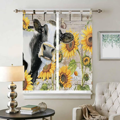 Yellow Sunflowers Bathroom Curtains 63 Inch Length, Window Curtains Tab Top, Farmhouse Cow Barn Doors Floral Butterfly Light Filtering Window Treatments Drapes 52"x63" 2 Panel