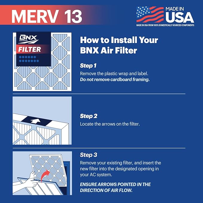 BNX TruFilter 10x10x1 Air Filter MERV 13 (6-Pack) - MADE IN USA - Electrostatic Pleated Air Conditioner HVAC AC Furnace Filters for Allergies, Pollen, Mold, Bacteria, Smoke, Allergen, MPR 1900 FPR 10