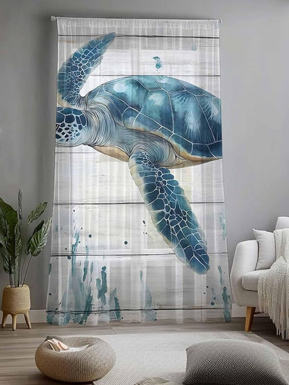 Sheer Curtains 108 Inches Long, Teal Green Ocean Turtle Semi Sheer Curtains Light Filtering Window Treatment, Coastal Seaweed Wood Grain Privacy Voile Drapes for Living Room Bedroom 52x108 Inch