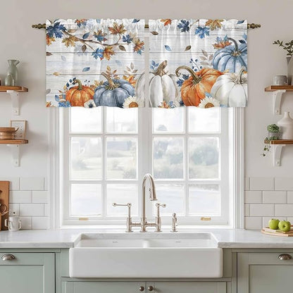 Thanksgiving Pumpkin Kitchen Tier Curtains 36 Inch Long 2 Panel Set,Rod Pocket Half Window Curtains Over Sink,Fall Maple Leaf Daisy Wooden Grain Short Drapes for Bathroom Cafe 27.5"W x 36"L