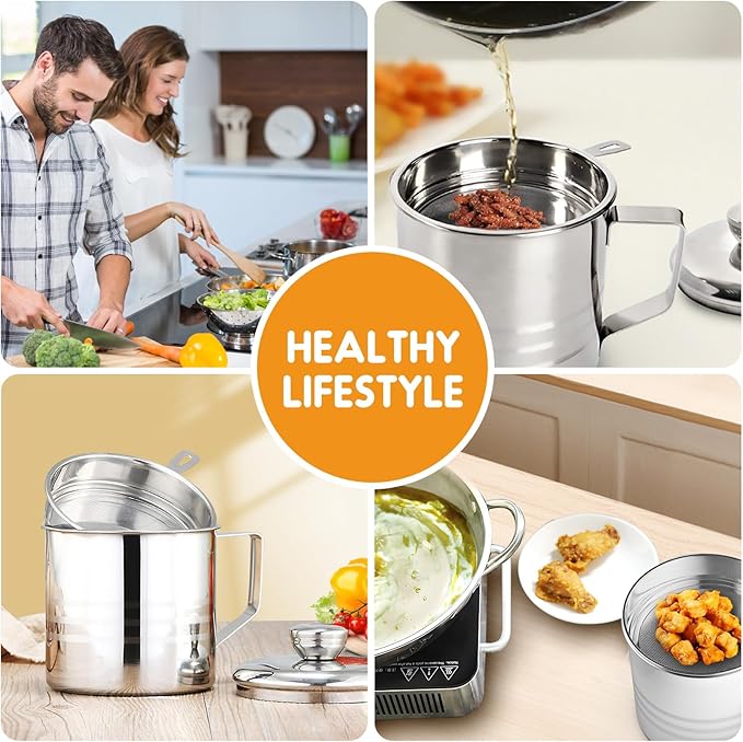 Chihee Grease Container Stainless Steel Bacon Grease Saver with Fine Mesh Strainer 1.2L / 40 fl oz Oil Container Grease Can with Dust-proof Lid Non-slip Tray for Kitchen Storing Frying Cooking Grease