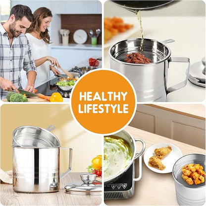 Chihee Grease Container Stainless Steel Bacon Grease Saver with Fine Mesh Strainer 1.2L / 40 fl oz Oil Container Grease Can with Dust-proof Lid Non-slip Tray for Kitchen Storing Frying Cooking Grease