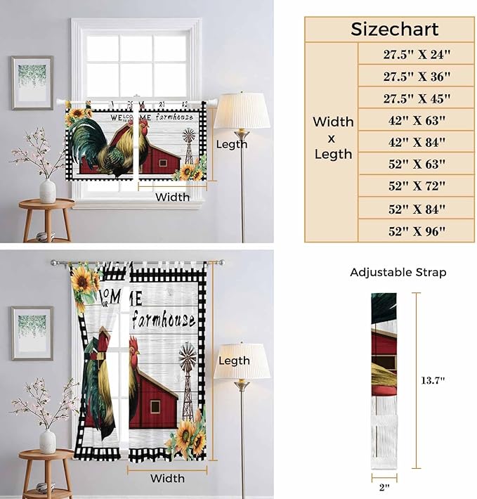 Farmhouse Rooster Living Room Curtains 84 Inch Length, Window Curtains Tab Top, Rustic Red Barn Windmill Sunflowers Light Filtering Window Treatments Drapes 42"x84" 2 Panel